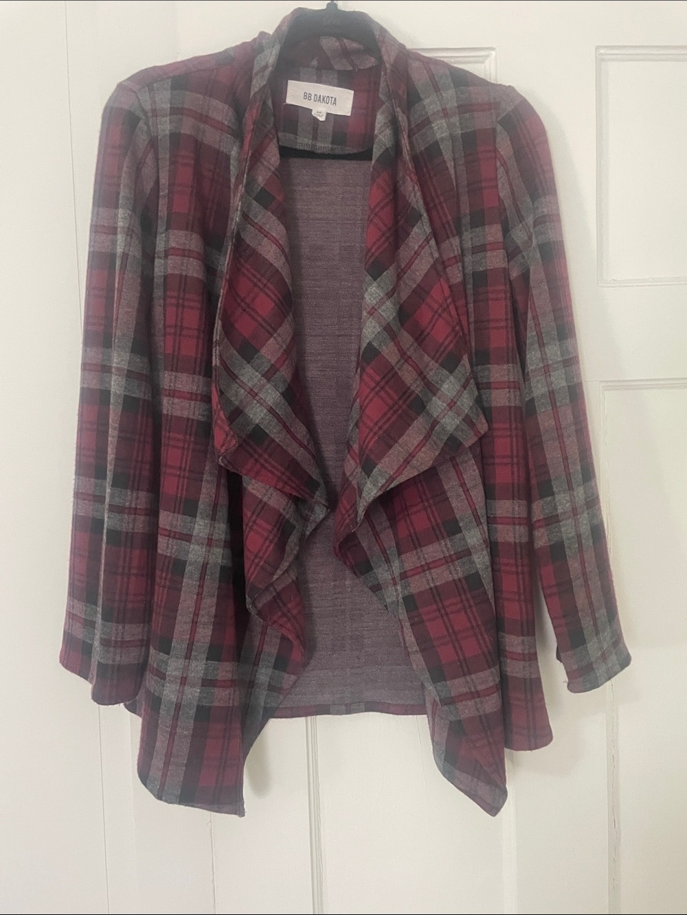 BB Dakota Maroon and Gray Plaid Open Cardigan